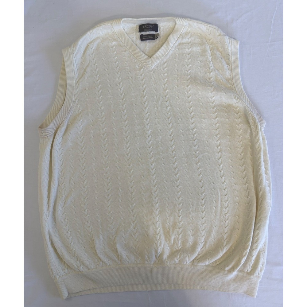 Callaway‎ Golf Men's 100% Pima Cotton Cable Knit Ivory V-neck Sweater Vest XL